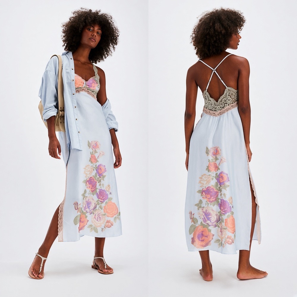 Free People Intimately Just Dreamy Maxi Slip Dress Floral Lace Blue Small Boho